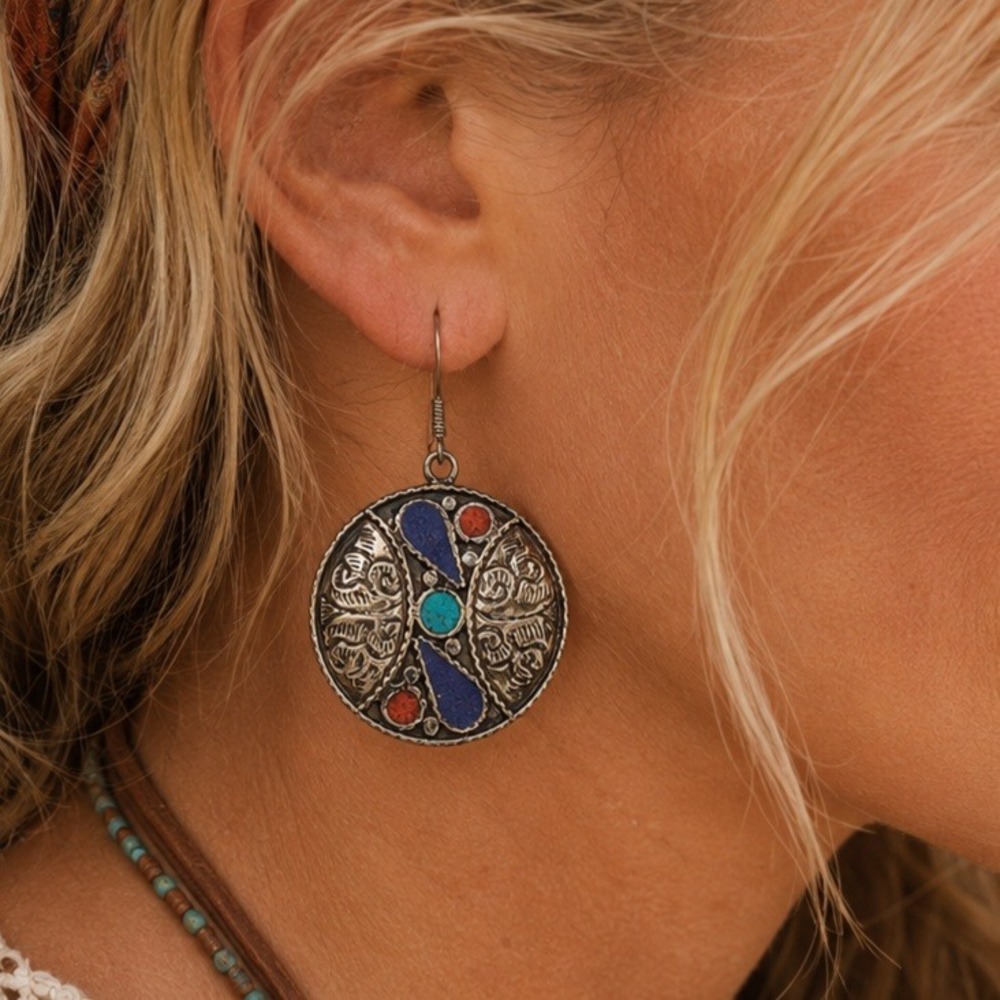 Tibetan Handmade Lapis Turquoise Coral Dangle Earrings Boho Silver Medallion‎